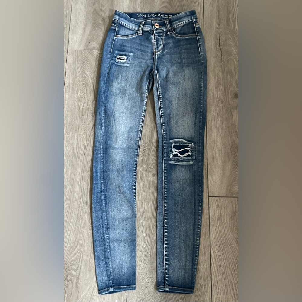 Vanilla Star Women Juniors Mid Rise Jegging Skinny Stretch Distressed Size 0